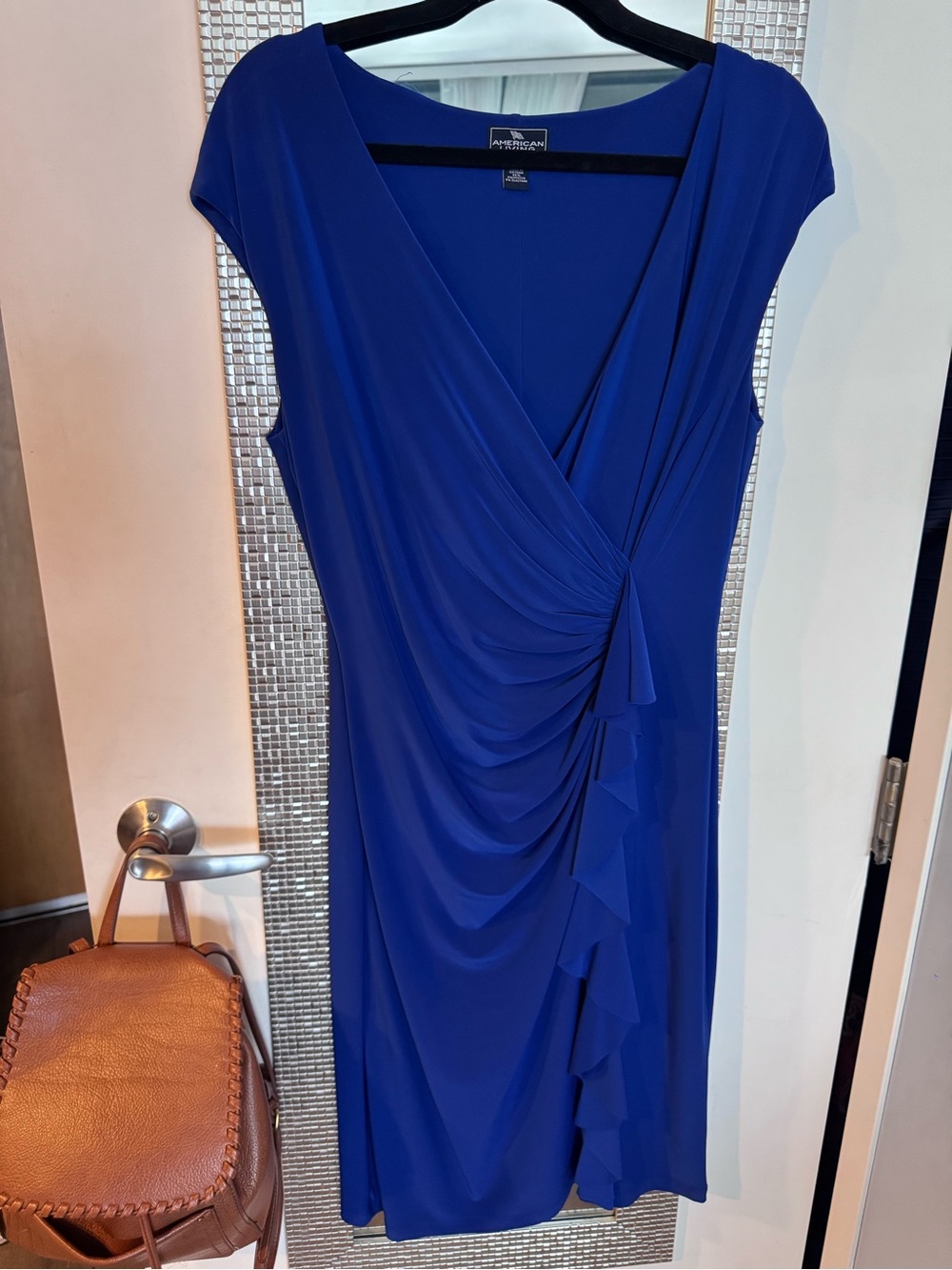 American Living Cobalt Blue Faux-Wrap Ruffled Midi Dress